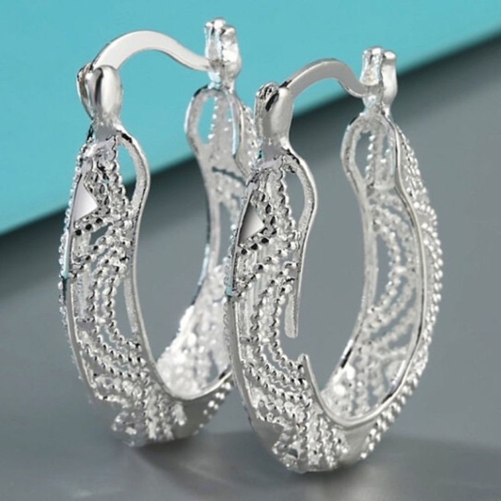 New Sterling Silver Boho Latch Back Diamond Cut Fancy Filigree Hoop Earrings - Picture 4 of 13
